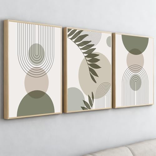 Sage Green Boho Abstract Wall Art Set of 3 – Framed Canvas Prints 12×16 in (30×40 cm)