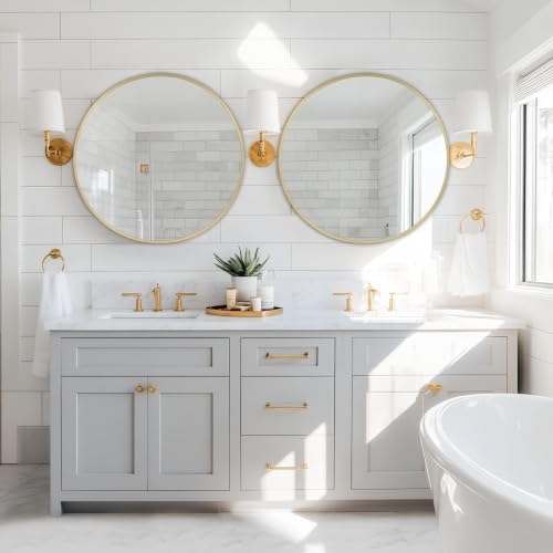 Image of Simple Deluxe 20 Inch Round Bathroom Mirror, Black Vanity Mirror with Metal Frame, Modern Circle for Bathroom, Entryway, Bedroom, Living Room, Wall Mounted Decorative Mirrors (Gold)