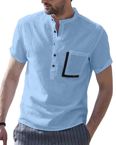 NANAMEEI Chemise Lin Homme Manches Courtes Chemises Col Mao Chemise Henley Homme Ete Chemises de Plage Bleu Ciel M
