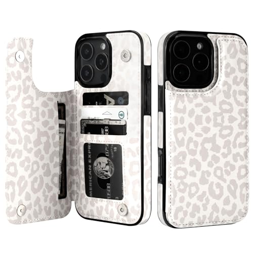 HAOPINSH for iPhone 16 Pro Max Case Wallet with Card Holder White Leopard Cheetah Pattern Back Flip Folio PU Leather Kickstand Card Slots Case for Women Girls Double Magnetic Clasp Shockproof 6.9