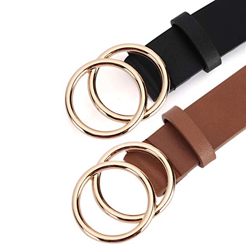 Unfader Pack 2 Women Belts For Jeans With Fashion Double O-Ring Buckle And Faux Leather (Pack 2 (Black+Chocolate Brown), M: Fits Wiast Size From 31"-36") #TOP5