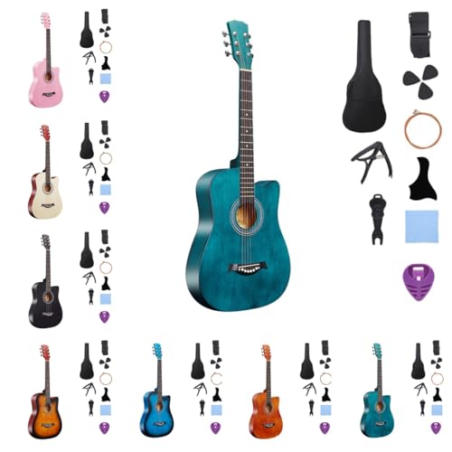 sandqvipaアコースティック 10点セット 学生 大人用 初級 アコギセット 38インチ 入門練習 学生、子供、大人向けの初心者練習用ギター、用セット、、アコースティック、弦、チューナー (38インチブルーペイント+アクセサリーパッケージ)