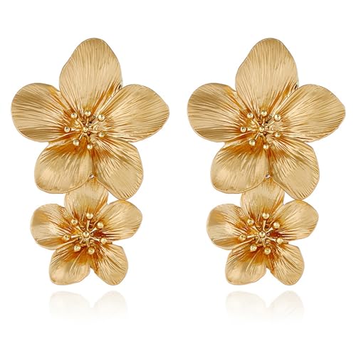 Gold Flower Earrings Double Flower Statement Earring for Women, Large Gold Floral Earrings for Women Boho Jewelry Gift
