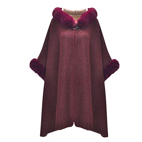 Image of ZLYC Women Winter Fashion Faux Fur Trim Layers Hooded Cardigan Warm Cape Sweater Cloak