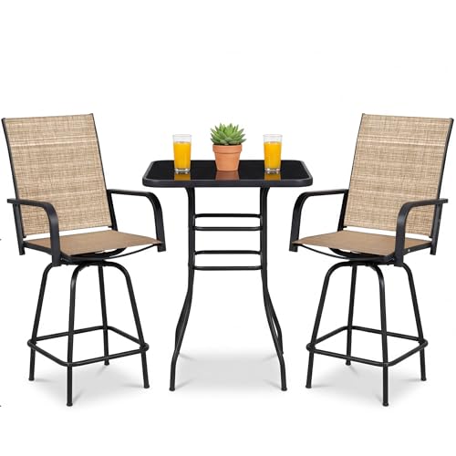 Homall 3 Piece Outdoor Patio Swivel Bar Stools Set, High Top Table with 2 Textilene Fabric Chairs, Counter Height Bistro Furniture for Balcony, Backyard, Poolside, Brown