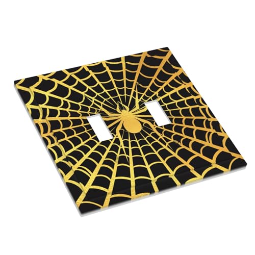 Decorative Switch Plate Covers Black Background with Golden Spiderweb Spider 2 Gang Light Switch Cover Plate Unique Double Toggle Wall Plate Outlet Covers for Bedroom Home Decor