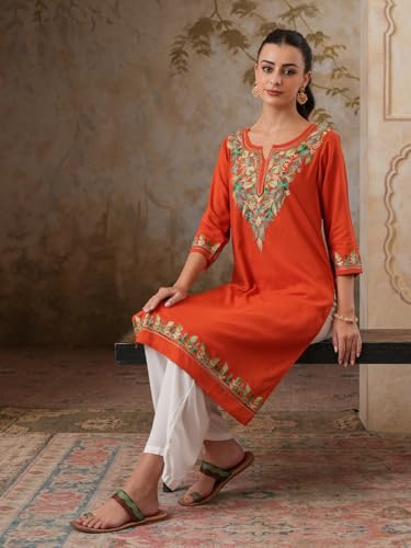 Image of QAZMI Women's Noor Kashmiri Aari Work Viscose Rayon Straight Kurta