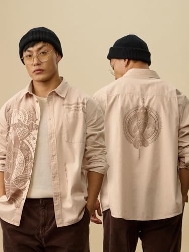 Image of The Souled Store The Mythical Archer Men and Boys Long Sleeves Collared Neck Button Front Beige Printed Cotton Relaxed Shirts