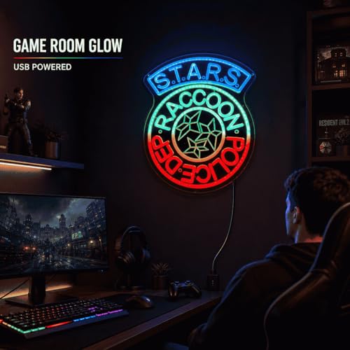 Image of S.T.A.R.S. Raccoon Police LED Neon Sign 38x32cm | Tactical Team Style Wall Decor, USB Powered, Game Room Aesthetic Light, Custom Acrylic Night Light