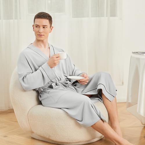 Image of Mens Lightweight Robe, Knit Kimono Bathrobe Spa Sleepwear Soft Knee Length Robe With Pockets