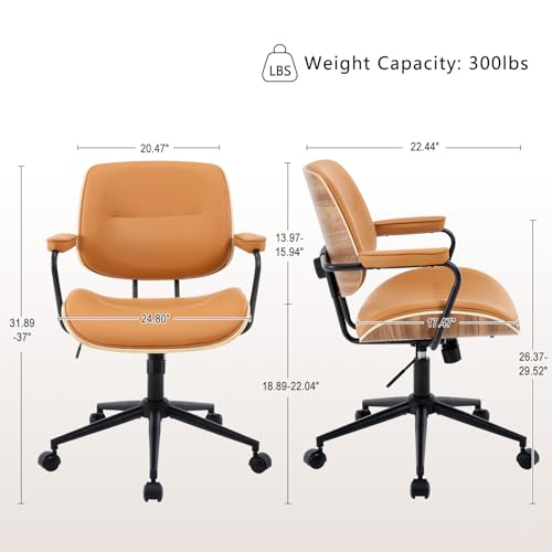 Image of Mid Century Modern Office Chair with Adjustable Backrest, Wooden Desk Chair with Armrests, Swivel Height Adjustable Home Office Chair, Comfortable Task Chair for Home Office, Brown