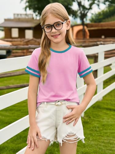 Image of Haloumoning Girls Short Sleeve T Shirts Kids Summer Crewneck Color Block Tops Fashion Tees 5-14 Years