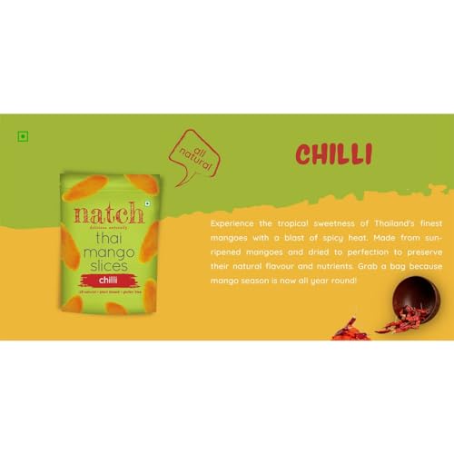 Image of Natch Dried Thai Mango Slices, Healthy Snakcs 100% All Natural, Vegan, Gluten Free, No Artificial Preservatives, Trans Fat Free, Rich in Antioxidants, Chilli and Bare Flavour, 150gm (Pack of 2)