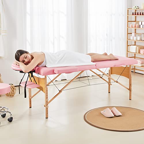 Yaheetech Massage Table Portable Lash Beds Spa Bed Massage Couch Foldable Spa Tables Adjustable 2 Fold with Non-Woven Bag 28 inch, Pink