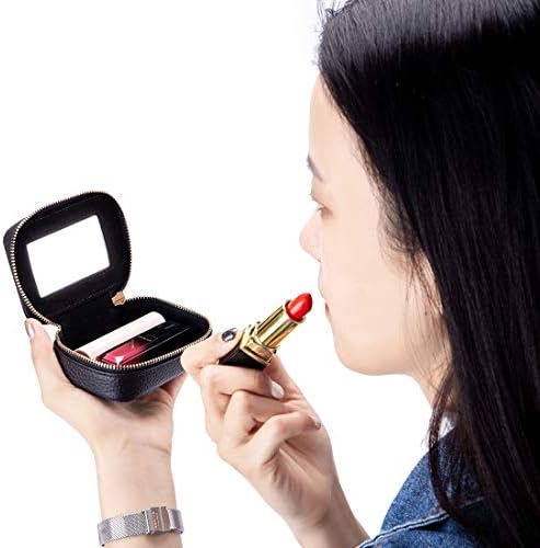 Aileder Mini Lipstick Case Holder Box with Mirror Genuine Leather Small Travel Makeup Cosmetic Pouch Bag Storage Kit for Women Girls (Black)