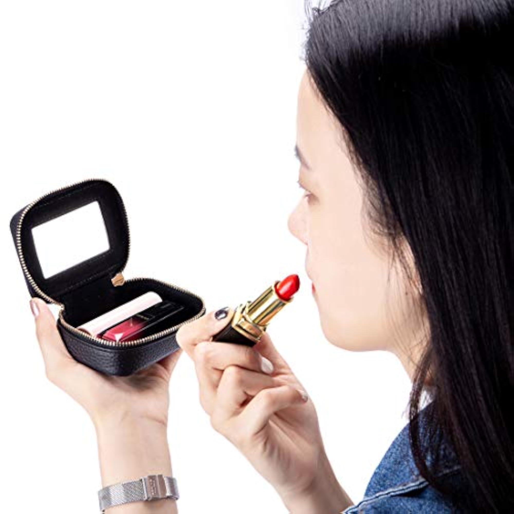 Mini Lipstick Case Holder Box with Mirror, Genuine Leather