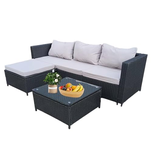 GadgetHaven Garden Corner Sofa Furniture, 4-Seater All-Weather Rattan Corner Sofa Set w/Tempered Glass Coffee Table,Ottoman - L-Shaped Patio Garden Furniture (Black Rattan+Grey Cushion) YXL-2