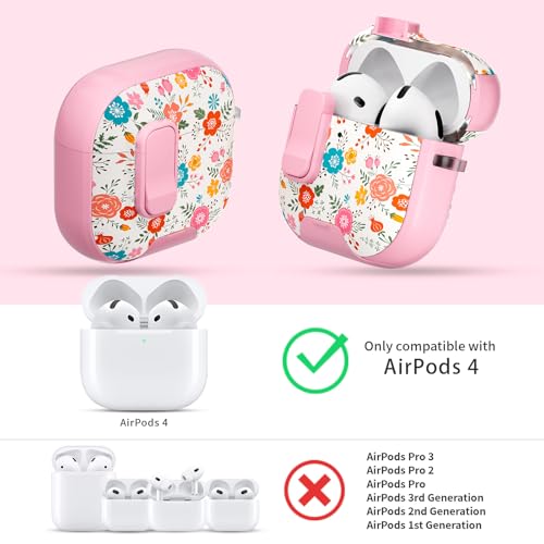 Image of for AirPods 4 Case with Safty Lock & Phone Stand,Cute Floral Pattern Style | PC & TPU Dual Layer Protective Cover with Keychain & Cleaner Pen for Apple AirPod 4th Generation 2024 Women (Chinese Rose)