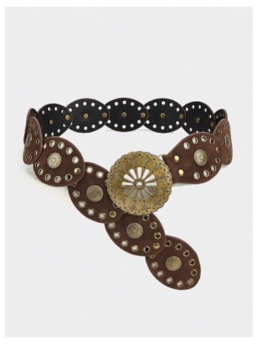 Image of RoseSeek Women's Cowgirl Boho Western Oval Waist Belt Hollow Out Studded Retro Belts Fashion Accessory