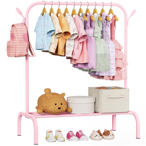 ハンガーラック 子供用 頑丈仕様、収納棚 & フック付き、幅 80cm 小型洋服ラック - コスチューム/プリンセスドレス/靴用、ピンク