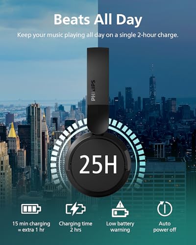Image of PHILIPS H3209 Wireless Headphones,On-Ear Bluetooth Headphones, Dynamic Bass, Sound Signature,Clear Call,25H Battery Life,Fast Charging,Soft Ear Cups,Bluetooth 5.3,Compact Design,Light,Dark Black