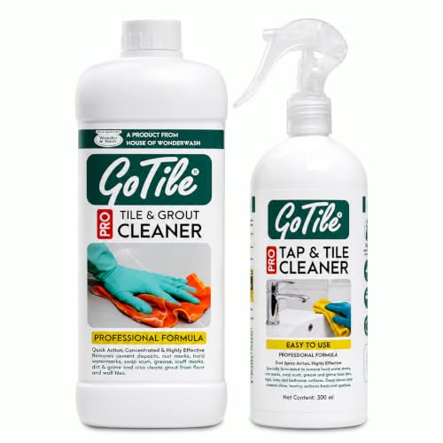 Image of GoTile Pro Cleaning Combo | Tile & Grout Cleaner 1L + Tap & Tile Cleaner Spray 500ml | Removes Hard Water Stains, Cement Residue, Limescale & Soap Scum