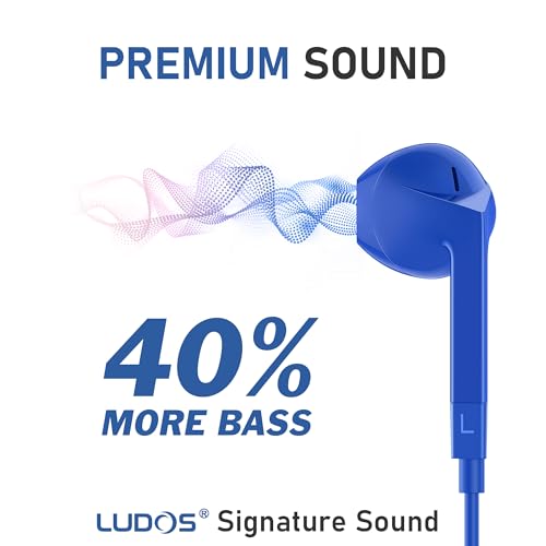 Image of LUDOS FEROX Wired Earbuds in-Ear Headphones, 5 Year Warranty, Earphones with Microphone, Noise Isolation Corded for 3.5mm Jack Ear Buds for iPhone, Samsung, Laptop, Kids, School Students - Blue