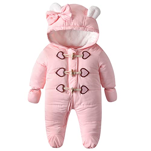 Image of flower frail Baby Boys Girls Winter Snowsuit Jumpsuit Warm Hooded Coat Outerwear Onesie Romper with Footed Gloves Pink 6-9 Months