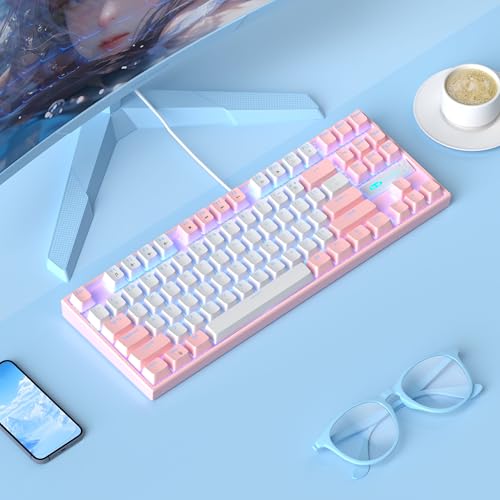 Image of MageGee 75% Mechanical Gaming Keyboard, Red Switch, LED Blue Backlit, 87 Keys Compact TKL Wired Computer Keyboards for Windows Laptop PC Gamer - White /Pink