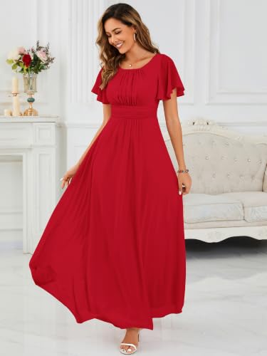 Image of Ever-Pretty Women's Spring Elegant Round Neck Short Sleeve Chiffon Empire Waist Floor Length Formal Dresses Bridesmaid Dress