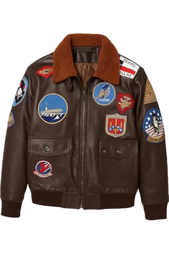 Mens Cockpit Aviator Pilot Cowhide Military G1 Flight Bomber Jacket with Embroidered Patches (US Alpha X-Large Regular Regular Top Brown - PU Leather)