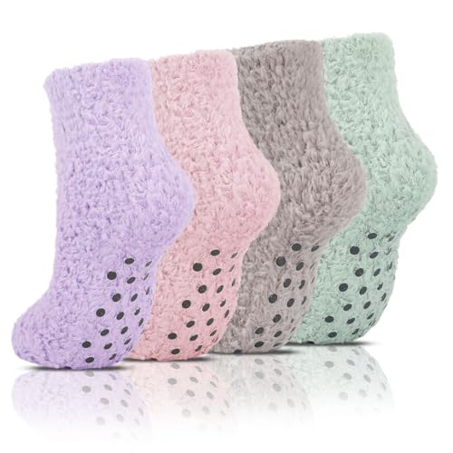 4 Pairs Fuzzy Socks for Women & Men with Grips Cozy Fluffy Soft Crew Non Slip Hospital Socks Warm Winter Slipper Socks
