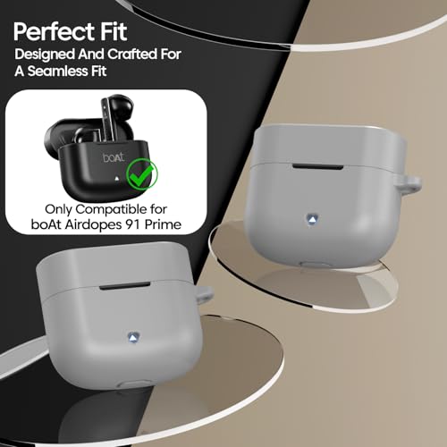 Image of Sounce Silicone Case Cover for Boat Airdopes 91 Prime, Soft Protective Shockproof Shell with Anti-Loss Keychain Clip, Dustproof and Scratch-Resistant Design, Secure Fit with Protection - Grey