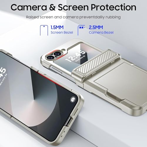 Image of Midkart Card Holder Case Compatible with Samsung Galaxy Z Flip 6 / Z Flip 7 FE with Hinge Protection Built-in Screen Protection Armor Cover Shockproof, Natural Titanium
