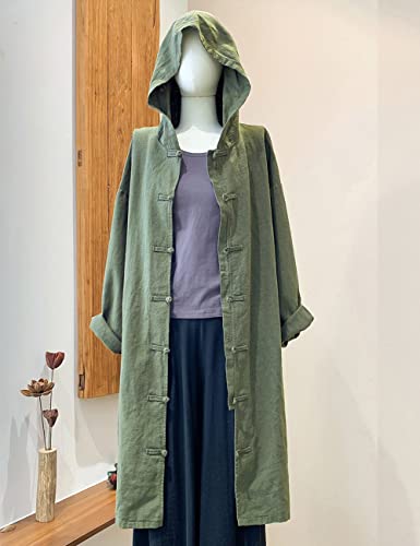 NFYM Women's Long Trench Coat Cotton Linen Hoodie Duster Jacket Long Sleeve Chinese Style Outwear with Pocket2