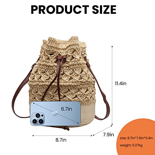 Owgsee Straw Bucket Bag For Women, Summer Woven Beach Bag Drawstring Hobo Bucket Purses Handbag For Vacation thumb #2