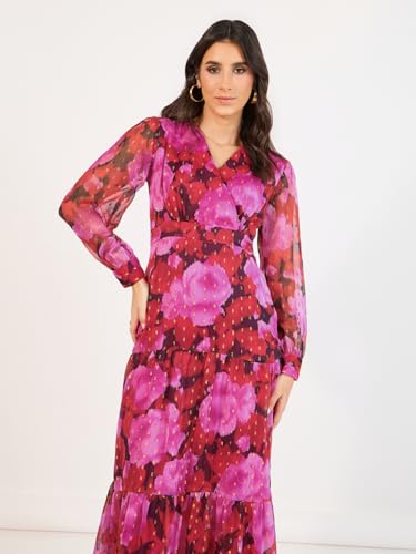 Image of Styli Women'S Floral Print V-Neck Cuff Sleeves Tiered Maxi Dress | Flattering V-Neck, Elegant Cuffed Sleeves, Flowing Tiered Silhouette. Perfect for Smart-Casual Occasions