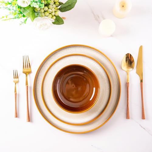 Image of LERATIO Ceramic Dinnerware Sets for 8,Plates and Bowls Sets,Reactive Glaze Dishes Set,Highly Chip and Crack Resistant | Dishwasher & Microwave & Oven Safe Dishes set,Service for 8-Kahki (24pc)