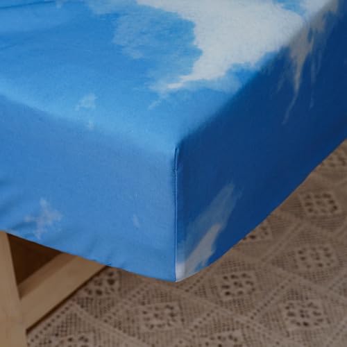 Image of Wellboo Sky Clouds Toddler Bedding Sets for Girls Boys White and Blue Sky 4 Pieces Soft Crib Bed Set Including Comforter, Sheets and Pillowcase Kids White Clouds Quilt Cartoon Casual Abstract Bed