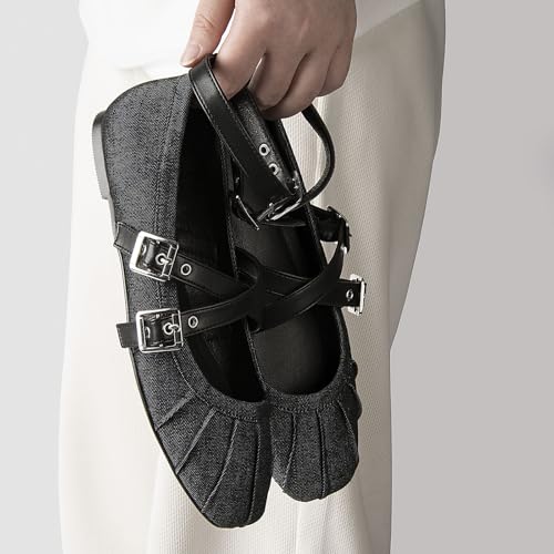 MUSSHOE Denim Mary Jane Shoes: Comfortable Dress Shoes for Women Cross Strap & Detachable Ankle Strap Design Square Toe Flats for Students Casual Shoes– Embrace Ease & Grace4