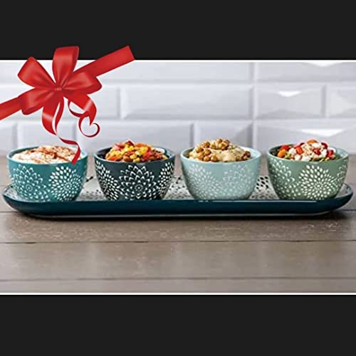 Baum Mums Ceramic Serve 5-Piece Serve Set (1) Tray & (4) Bowls Blue Floral Appetizer Serving Bowls Set, White #TOP4