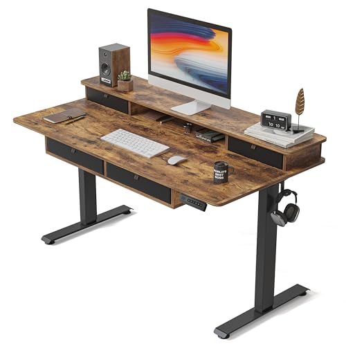 Image of FEZIBO 55'' x 30'' Electric Standing Desk with 4 Storage Drawers, Adjustable Height Computer Table with Monitor Shelf, Stand Up Desk for Study, Gaming, Workstation, Rustic Brown Top