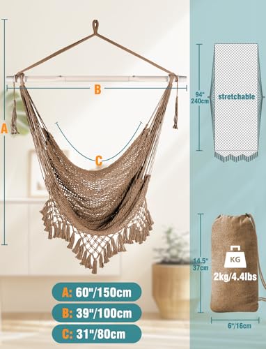 Image of Chihee Hammock Chair Handmade Woven Mesh Hanging Seat Metal Spreader Bar | Cotton Blended Rope Hanging Chair Ventilated Soft-Spun Large Stretch Hammock Swing, Elegant Macrame Indoor Outdoor Garden
