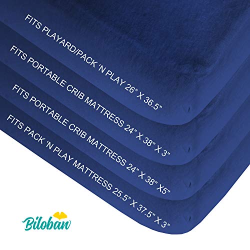 Biloban Pack and Play Sheets Fitted, 2 Pack Pack and Play Sheet Fits for Graco Pack n Play Mattress, Neutral Playard Sheets for Baby Boys and Girl, White & Navy Blue, 38”X 26”
