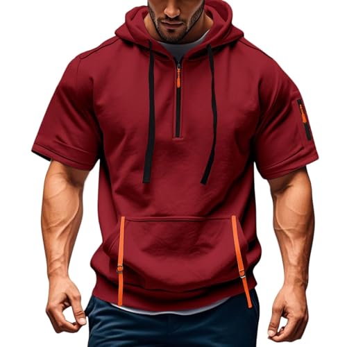Mens Hooded Shirts Zipper Short Sleeve/Sleeveless Tshirts Workout Sport Loose Fit Breathable Summer Tops with Pockets