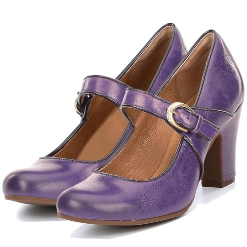 Image of SHODENSE Women Vintage Chunky High Heel Mary Jane Shoes Round Closed Toe Ankle Strap Dress Sandals 3 inch Block Heels Mary Jane Lolita Pumps Two-Toned Patchwork Buckle Office Lady Wedding Retro 4-11 M US