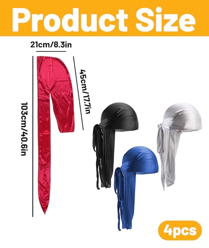Image of 4 Pcs Durag Set for Men and Women - Silky Satin Head Scarf for 360 Waves, Hair Protection, and Hiphop Style in Blue, Black, Wine Red, Silver
