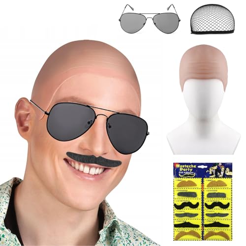Spetsbst Latex Glatze Perücke Wiederverwendbare Glatzenkappe mit Haarnetz + Falscher Bart + Sonnenbrille Bald Cap für Halloween Karneval Cosplay Kostüm Kinder Erwachsene Männer Frauen
