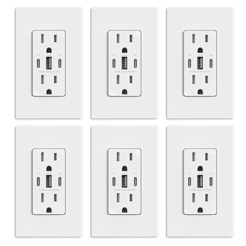 Image of ELEGRP USB Outlets, 30W 6.0 Amp USB C Outlets Receptacles, 3-Port USB Wall Outlet, 15 Amp Tamper-Resistant Outlet with 2 USB C Ports, UL Listed, Screwless Wall Plate Included, 6 Pack, Matte White
