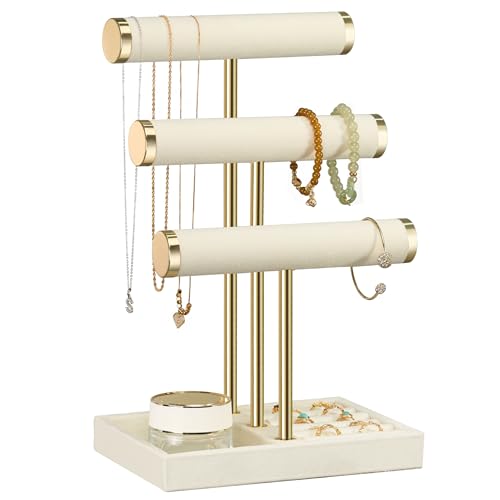Josmimic Schmuck Organizer mit 3 Ebenen - Beige Schmuckständer Armbänder, Abnehmbarer T-Steg Schmuck Ständer, Samt-Armbandhalter, Schmuckhalter...